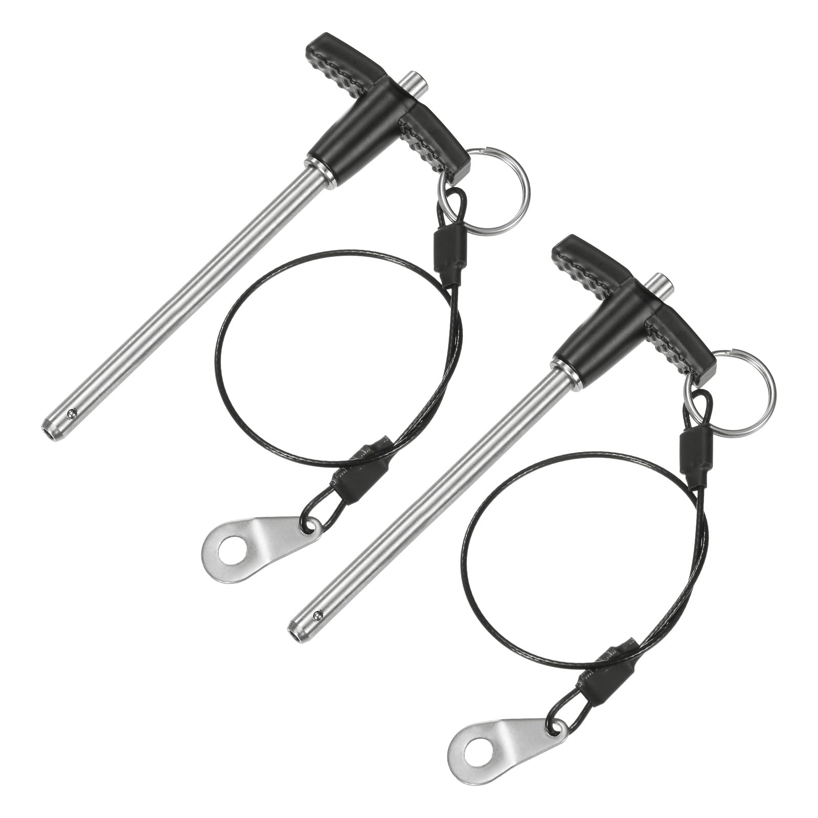 M METERXITY 2-Pack T Handle Lock Pins, 1/4"(6mm) Dia. 3-5/32"(80mm) Usage Length Push-Button Quick Release Locking Pins W Lanyard Cable for Speaker/Aviation/Gym/Machine [304 Stainless Steel]