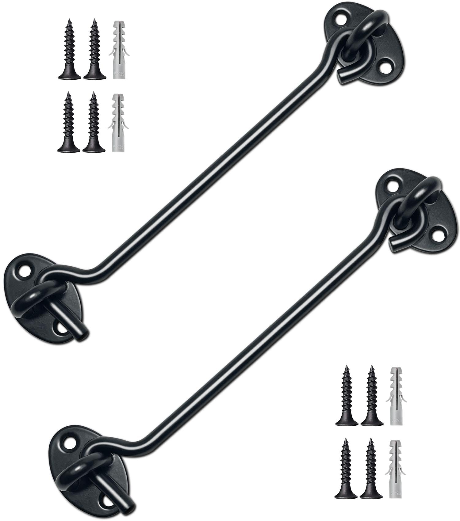 TOPYWMSP Hook and Eye Latch 2pcs 8 Inch Black Stainless Steel Cabin Hook for Door,Gate,Window(200mm)