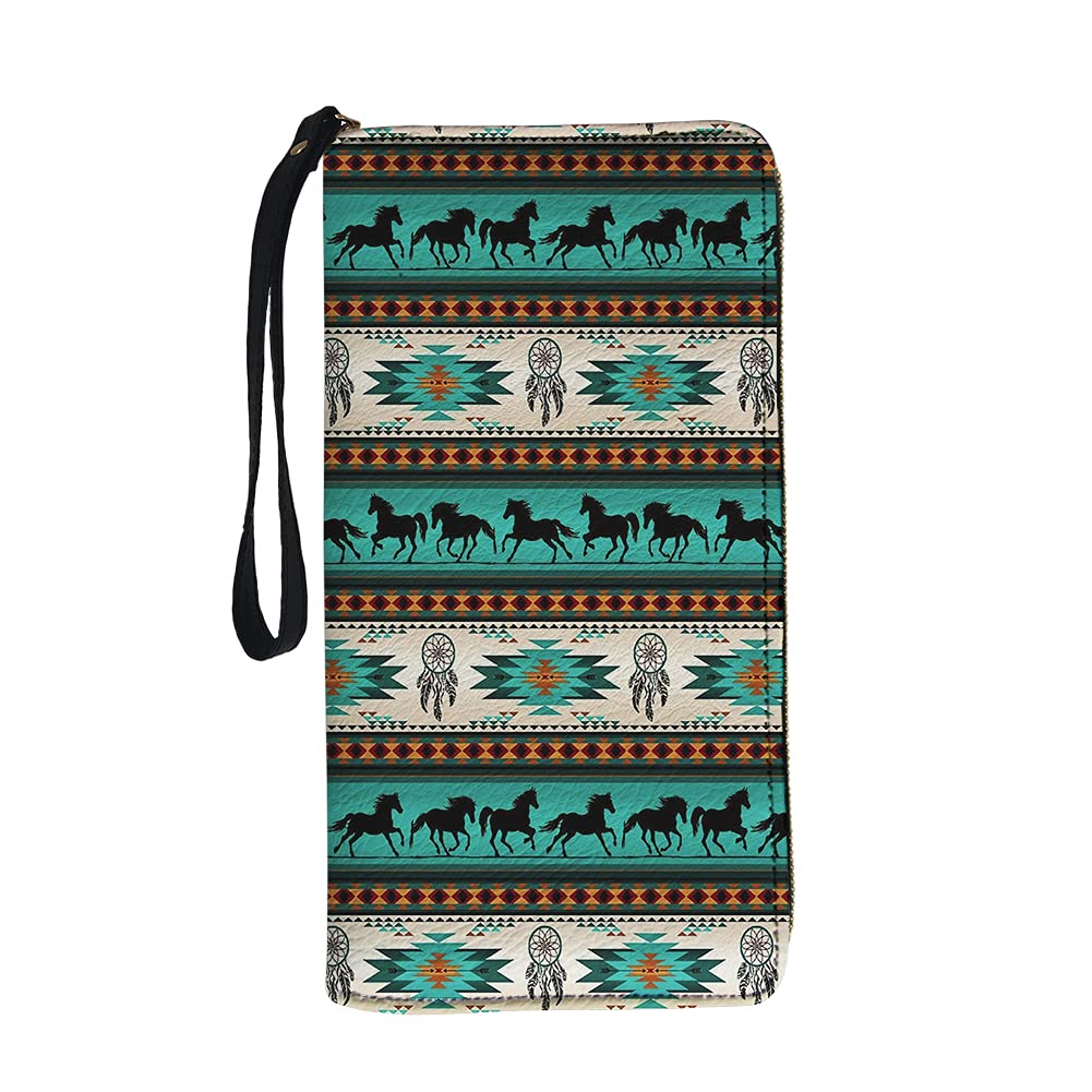 Jeiento Aztec Horse Wristlet Wallet for Women Handbag Casual Travel Money Clips with Coin Picket 4 Card Slots Zip Around Clutch