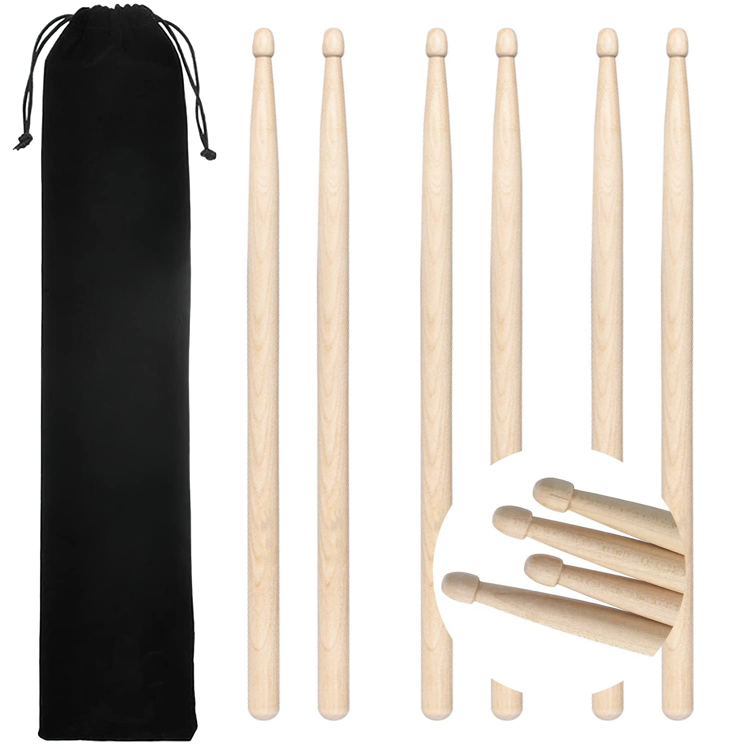 Drum Sticks 5a Maple With Bags NOCHME 3 Pair 5A Classic Professional Wood Wooden Tip Drumsticks Set For Beginners Students And Adults