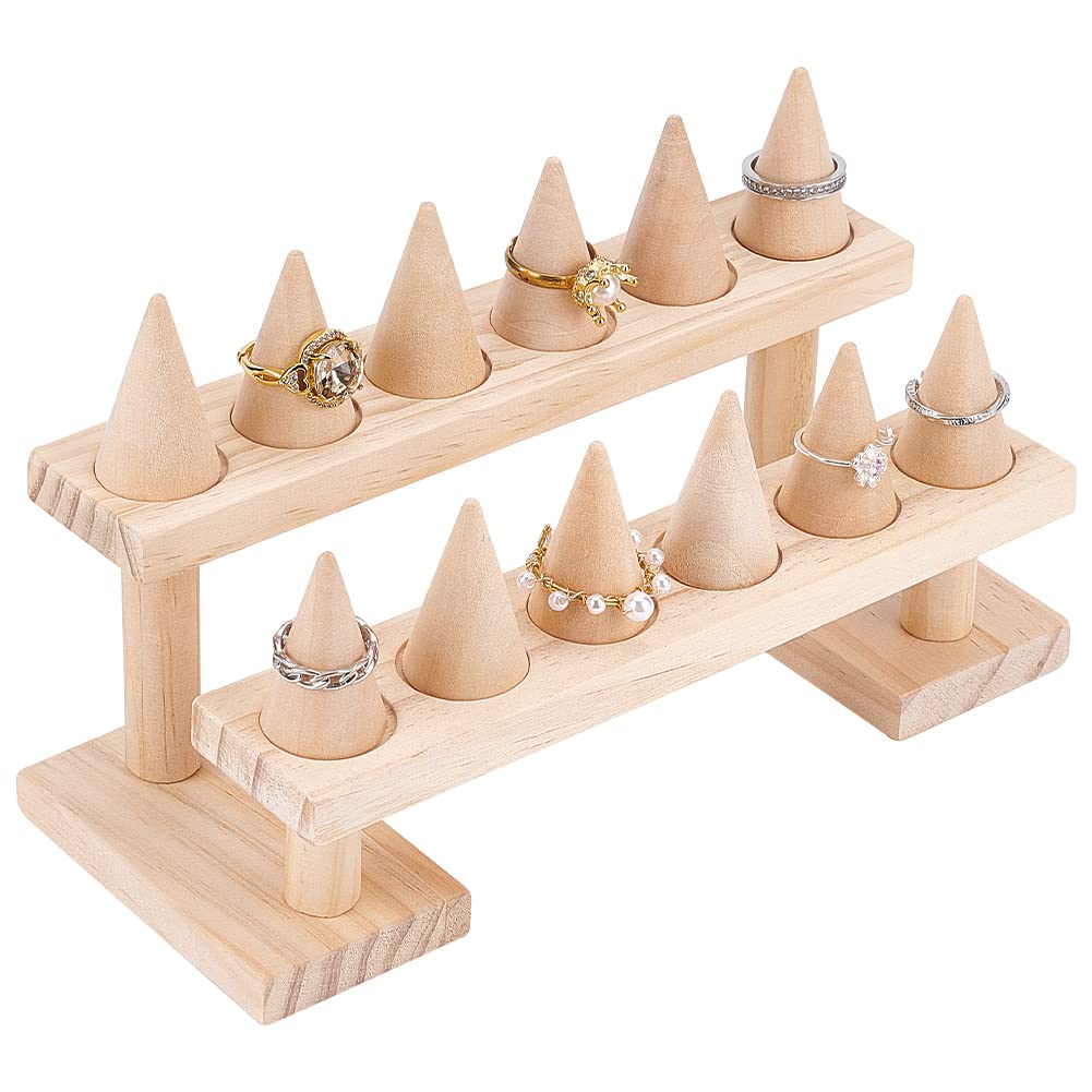 DELORIGIN 2-Tier 12-Slot Wood Finger Ring Display Rise, Finger Ring Stand with 12Pcs Wooden Display Cone Holders, Display Stands for ring, jewelry, 90 x 215 x 120mm