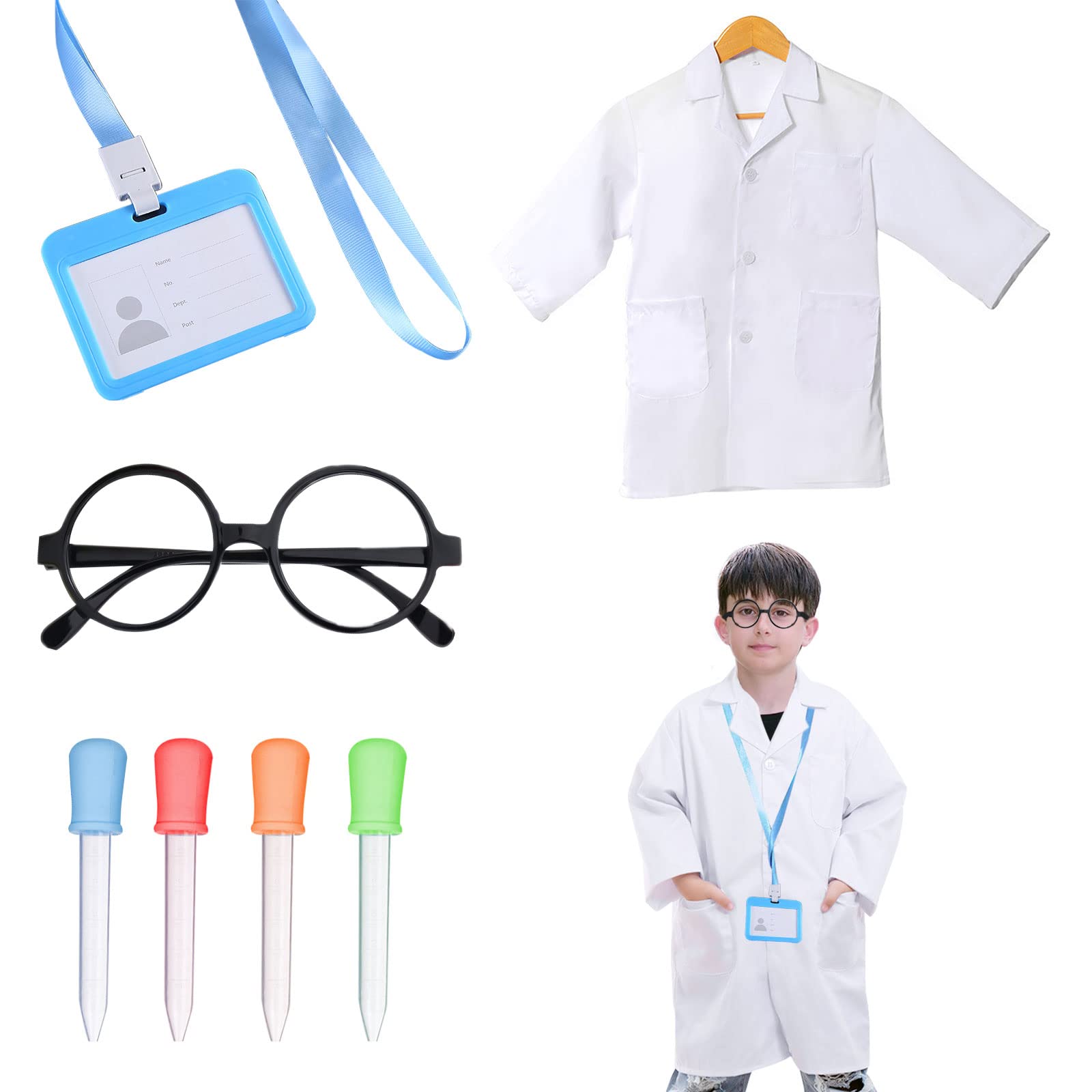 TSHAOUN 7 Pcs Kids Scientist Costume Set, Doctor Costume Set Children's Lab Coat with Liquid Dropper Glasses Work Card, Scientist Doctor Role Play Set for Boys and Girls (White)
