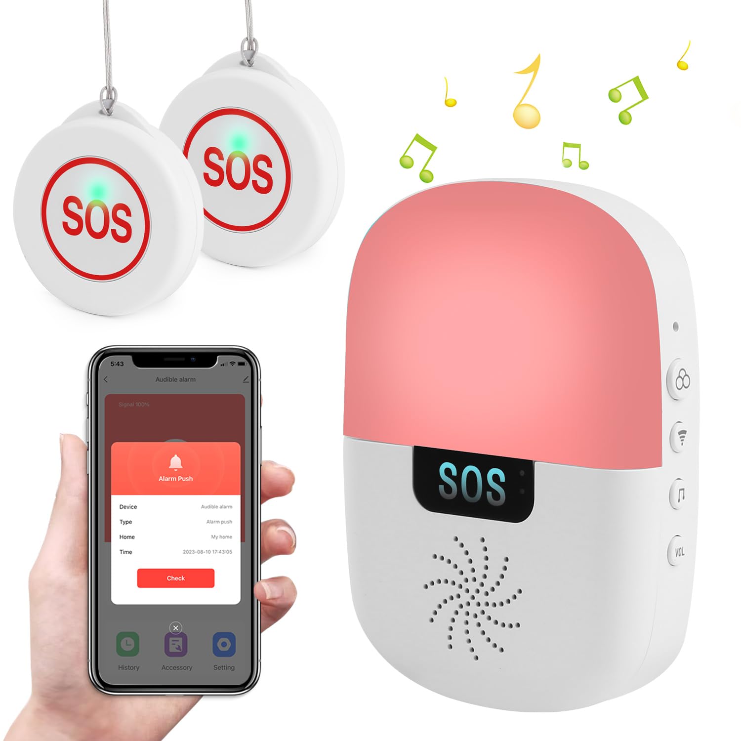 Elderly Lifesaver, Smart Wireless Emergency Call Button for Elderly, SOS Alarm Call Bell Home Emergency Waterproof, Wi-Fi Only 2.4GHz (1 Receiver & 2 Button)