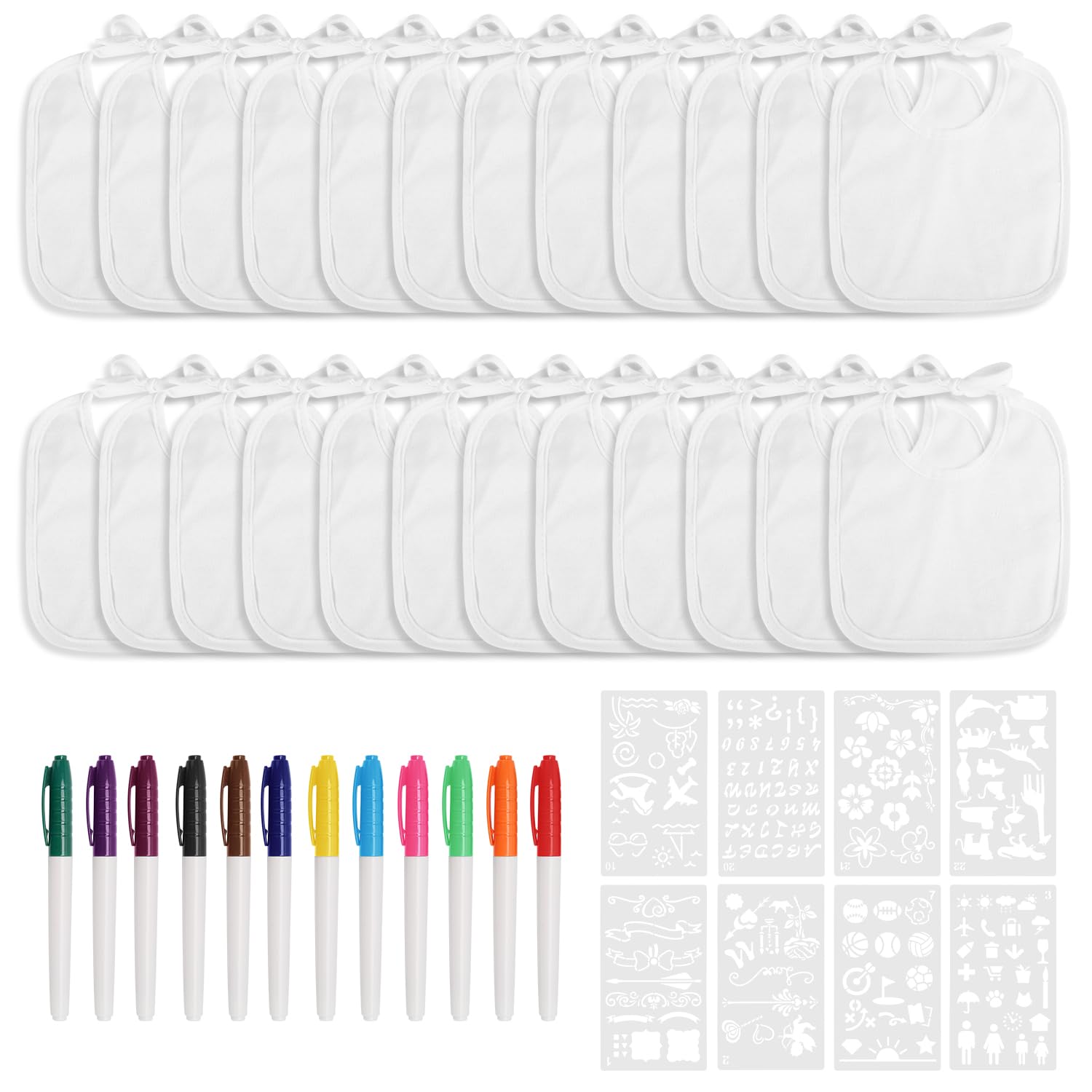PEUTIER 24pcs DIY Baby Bib Decorating Kit, White Baby Bibs for Decorating with 12 Colorful Markers & 8 Stencils Feeder Bibs DIY for Baby Shower Party