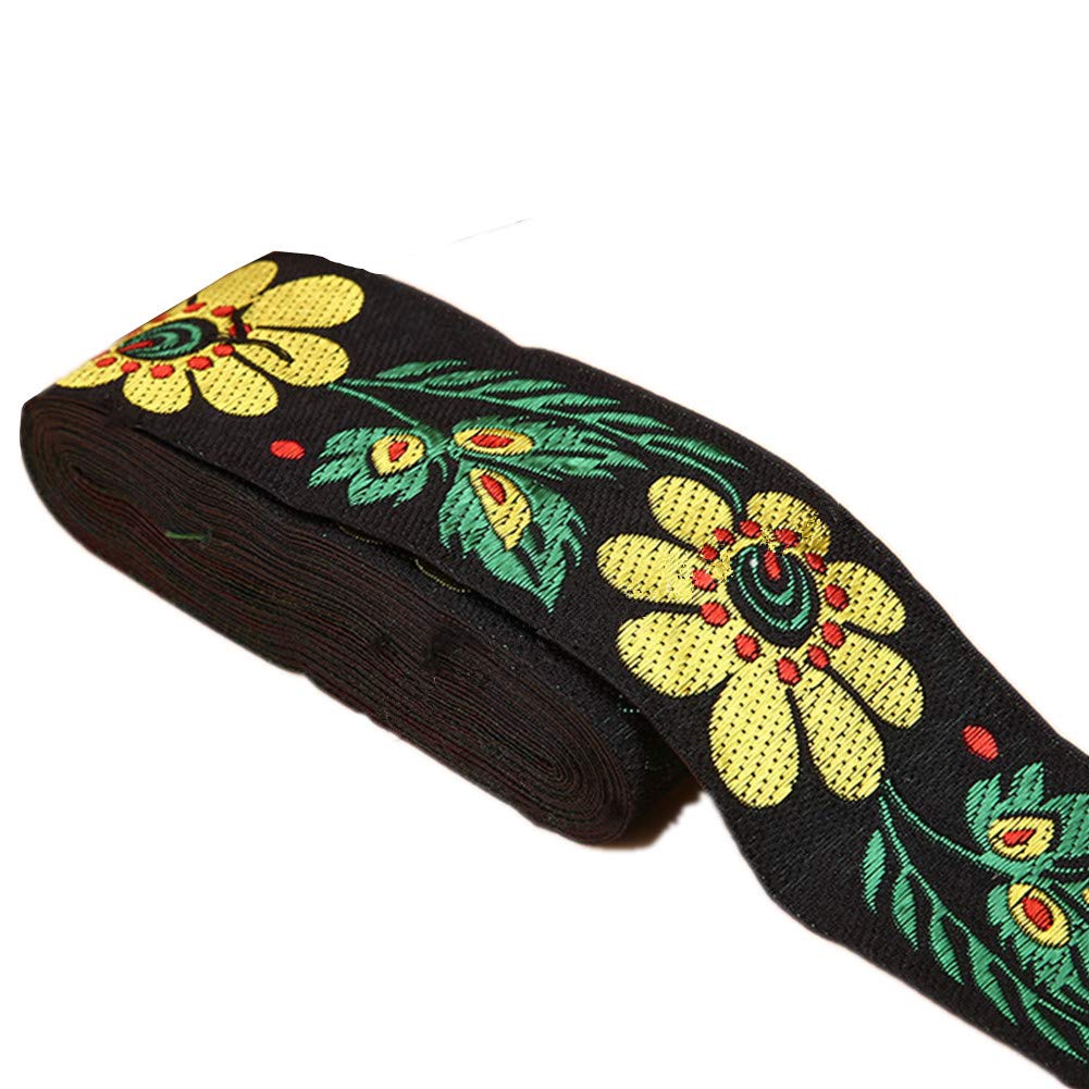7 Meters Sunflower Jacquard Ribbon Floral Embroidered Woven Trim Vintage Fabric Bias Tape for Home Decor Embellishment Width 5cm (Black)