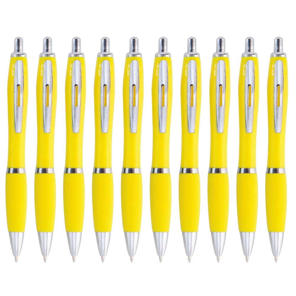eBuyGB Pack of 10 Ballpoint Pens Blue Ink Retractable Push Button Pen, Yellow