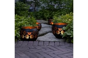 Original Solar Fire Bowl 8" 4-Pack Outdoor Waterproof Solar Lanterns - Metal Porch Lights with Flickering Flame for Tabletop, Patio, Garden & Landscape Décor (Matte Black)