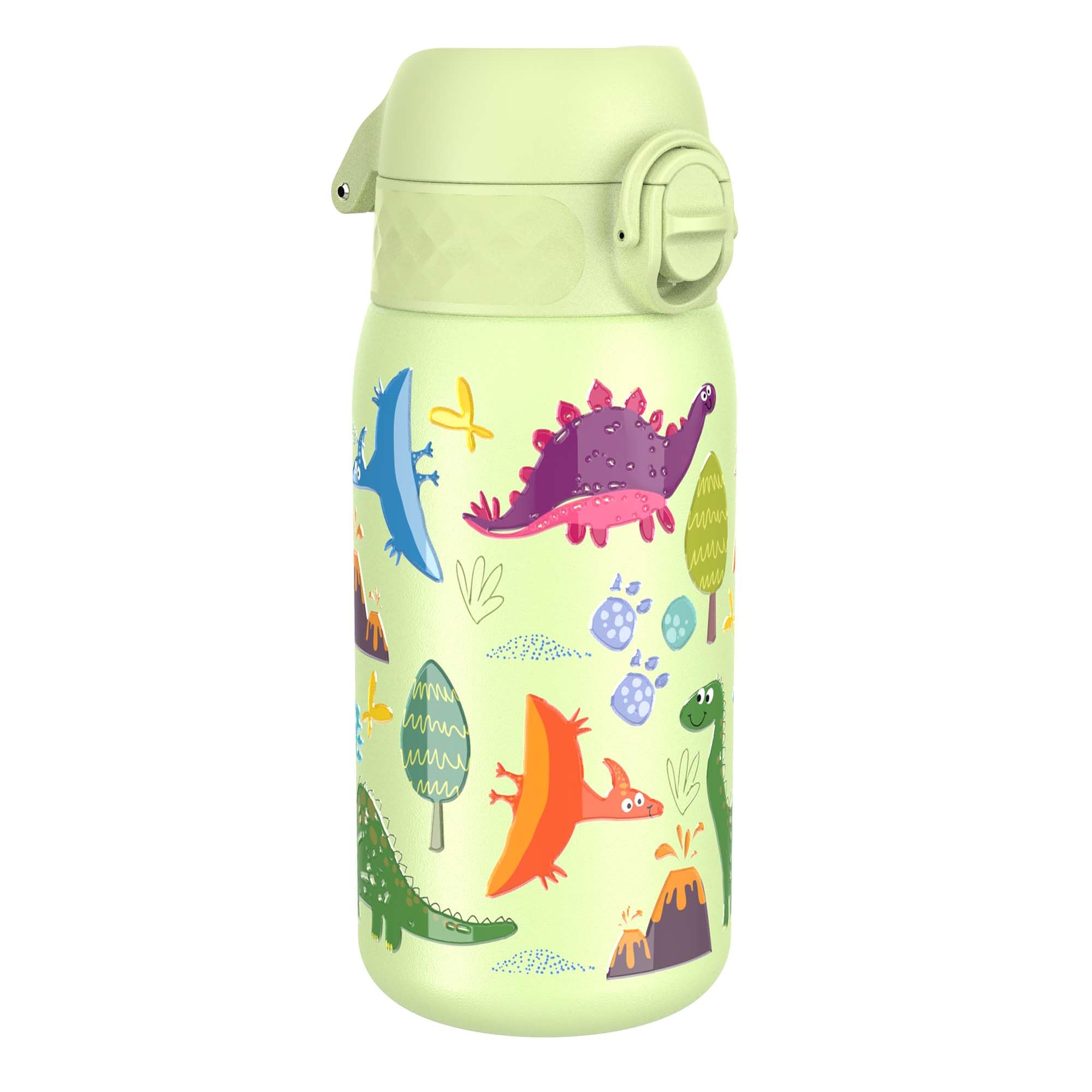 Ion8 Kids Water Bottle, Steel 400 ml/13 oz, Leak Proof, Easy to Open, Secure Lock, Dishwasher Safe, Flip Cover, Carry Handle, Easy Clean, Durable, Metal Water Bottle, Raised Print, Dinosaurs — image 1