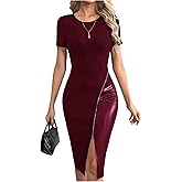 SOLY HUX Women's Summer Short Sleeve Midi Dress PU Leather Zipper Split Bodycon Dresses