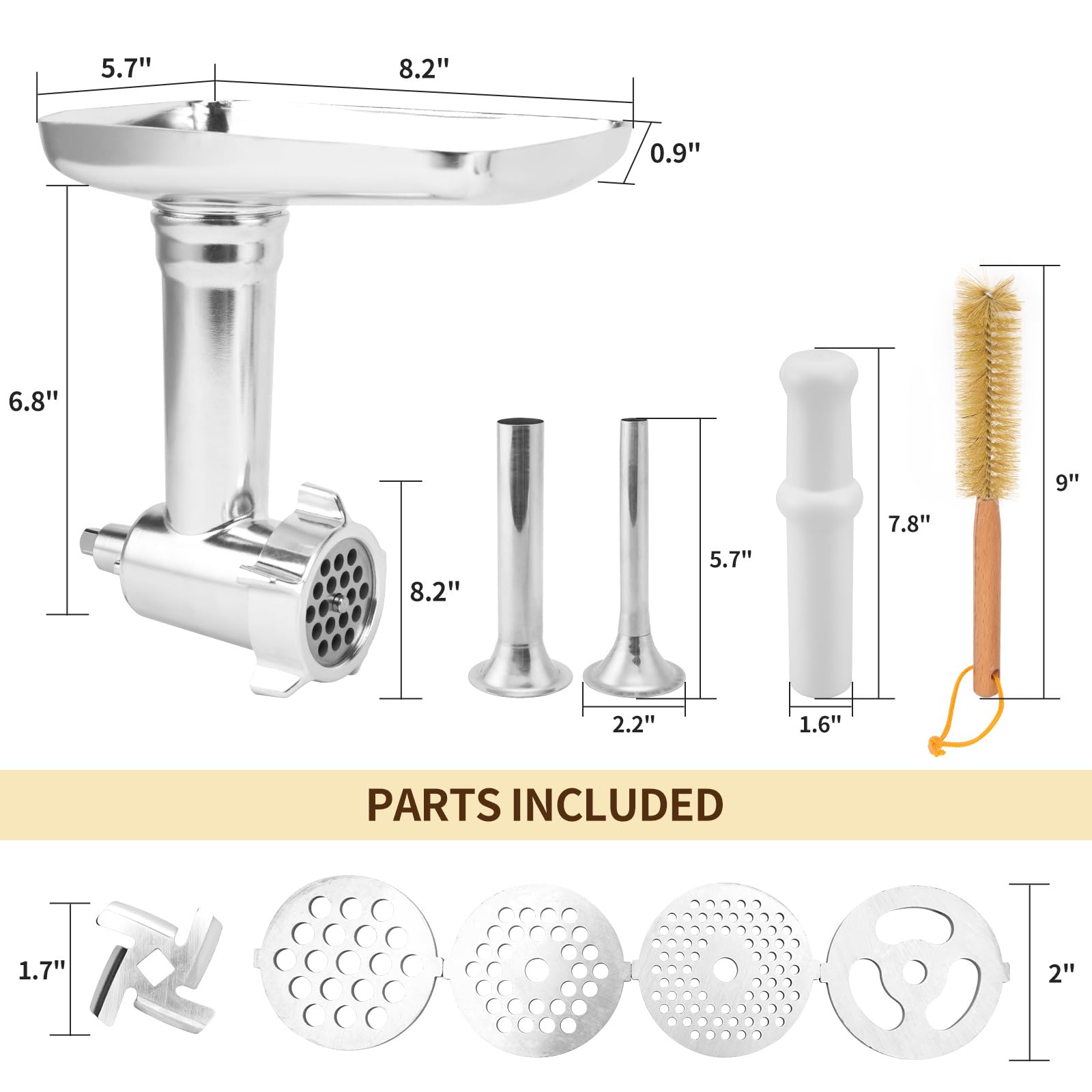 Meat Grinder Attachment for KitchenAid Stand Mixer,Metal food Meat grinder attachment, Perfect Mixer Attachment for KitchenAid Mixers,3 Sausage Stuffer Tubes, Silver