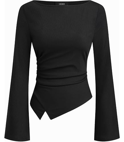 CIDER Boat Neck Solid Ruched Long Sleeve Tee: Black, XXS at Amazon