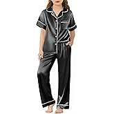 Arshiner Girls Pajamas Silk Satin Button Down Pjs 2 Piece Short Sleeve Sleepwear Set