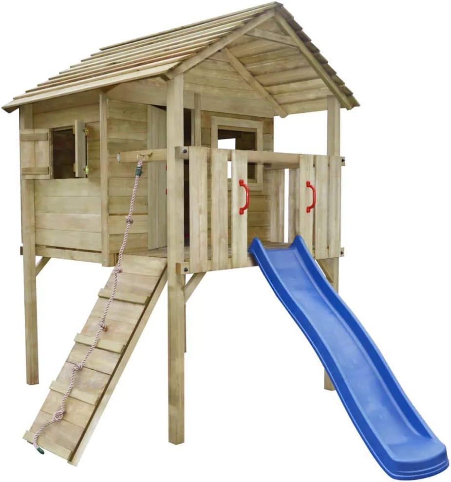 outdoor wooden playhouse with slide