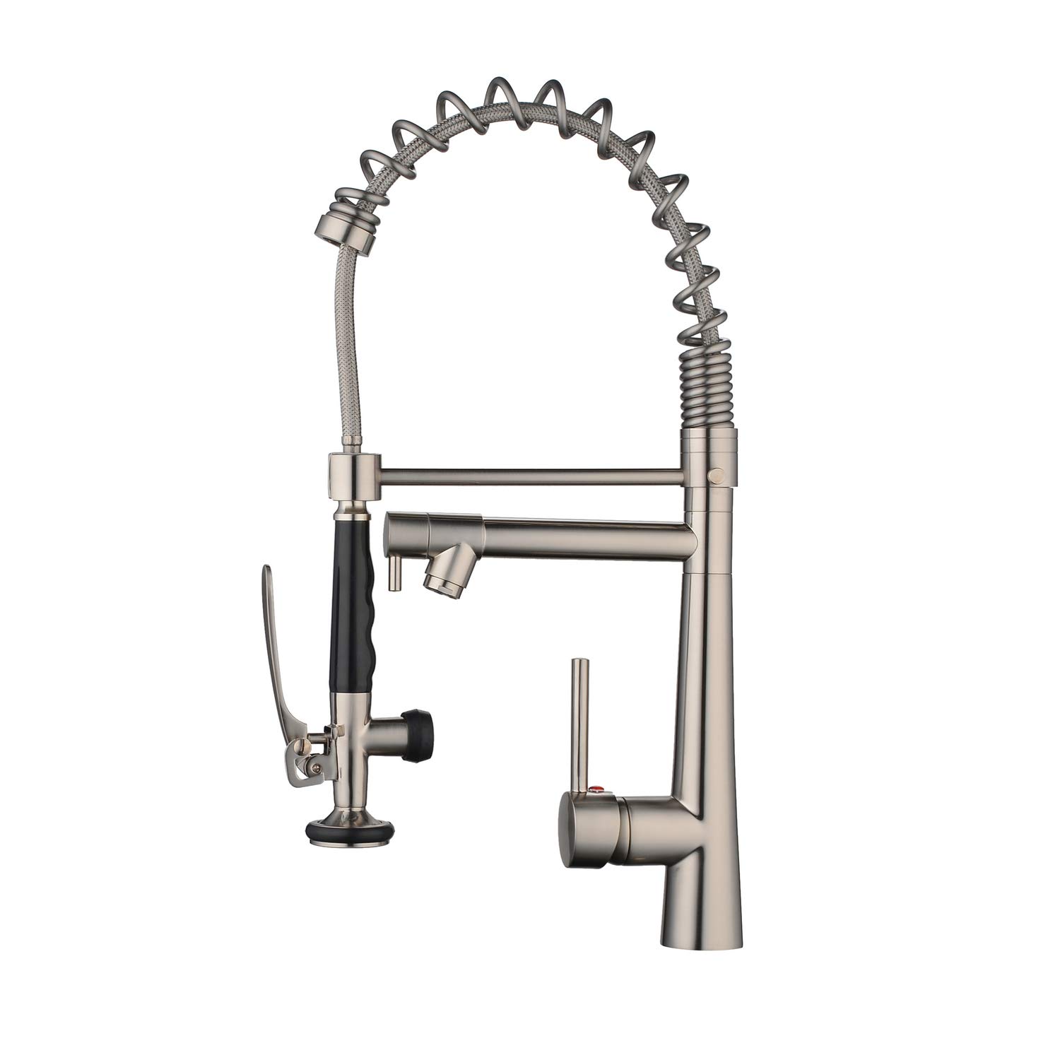 Beelee Professional Kitchen Sink Tap, High Arc 360° Swivel Single Lever Mixer Tap with Pull Down Spring Spout and Pot Filler, Brushed Nickel, BL17092N