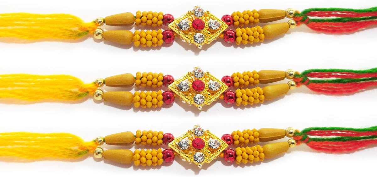 IndiaBigShop Set of 3 Rakhi for Brother Gold Plated Stone Beds, Rakhi for Brother, Rakhi, Multicolor Thread Mauli Bracelet Friendship Bands for Festive Pooja Raksha bandan Multi Design, Assorted Rakhi