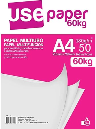 Papel Multiuso 180gr, Romitec, Use Paper 60kg, 7205R, Tamanho A4, Branco, 50 Folhas 