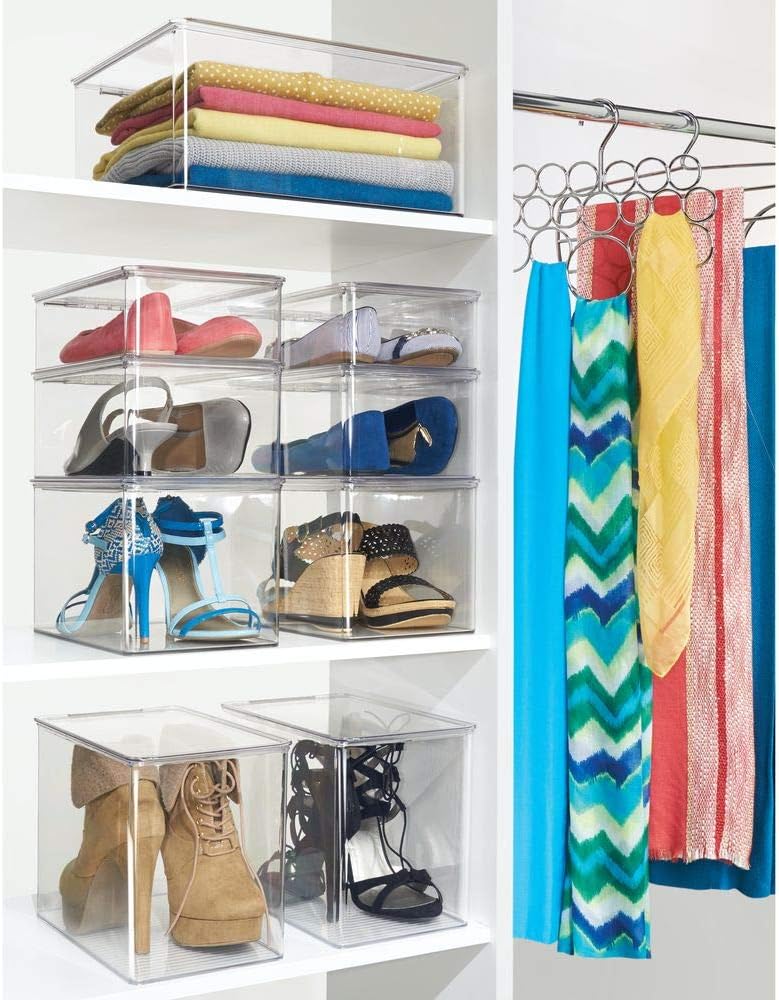 women s shoe storage on Flats 2 Pack Sneakers Kids Sandals Clear Mdesign Stackable Plastic Closet Shelf Shoe Storage Organizer Box With Lid For Mens Womens Boot Shoe Boxes Home Kitchen Plutusias Com