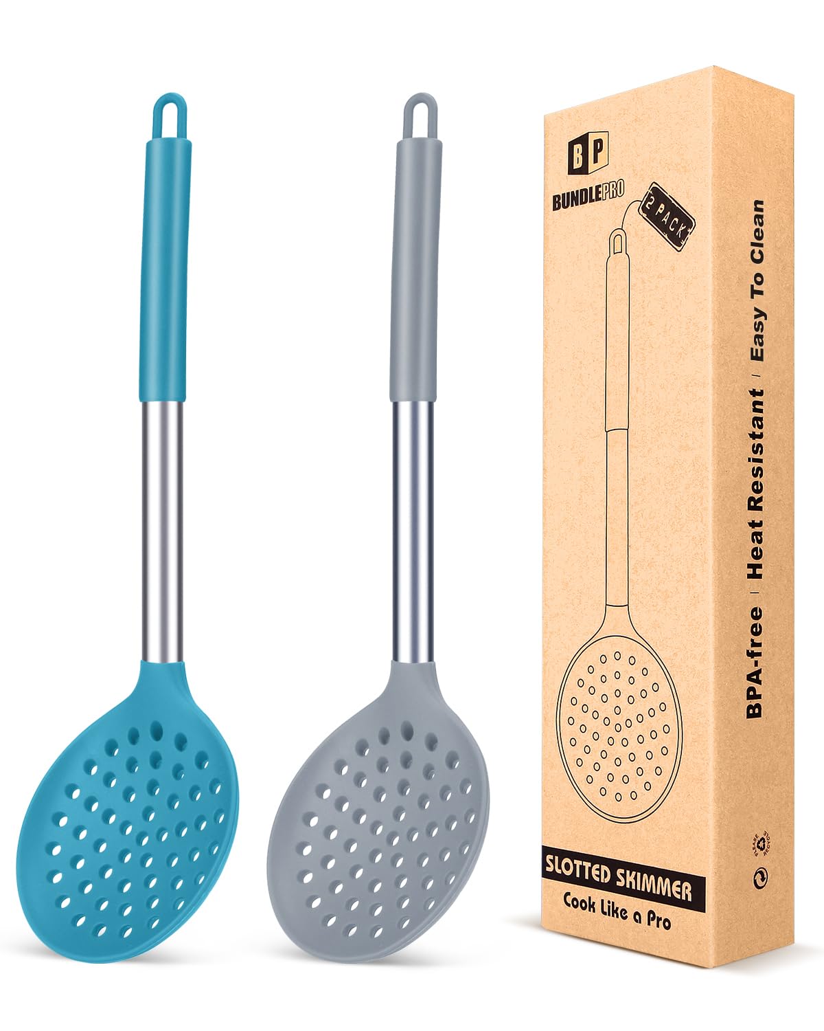 Pack of 2 Kitchen Ladle Strainer, Large Slotted Spoon with High Heat Resistant,BPA Free Non Stick Cooking Skimmers for Draining & Frying (Gray-Blue)