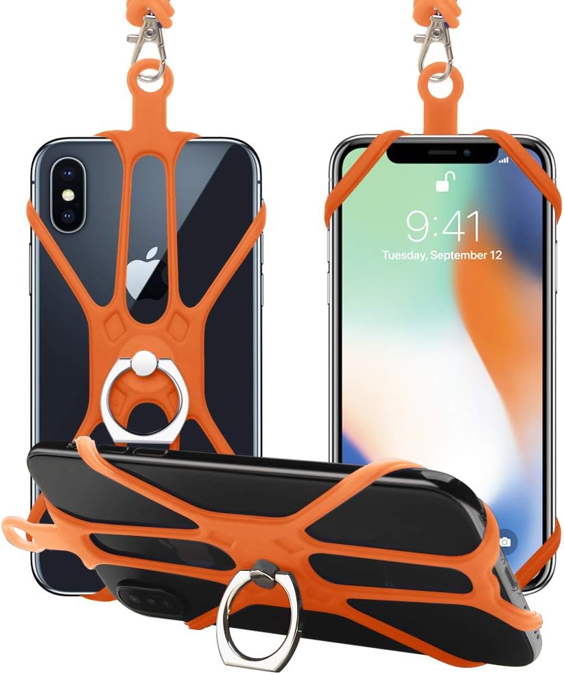 SHANSHUI Phone Lanyard Strap, 2 in 1 Silicone Phone Lanyard Neck Strap with Finger Ring Stand Detachable Neck Strap Compatiable with iPhone, Galaxy & More in Orange