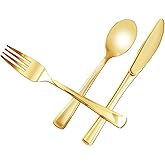 N9R 100PCS Gold Plastic Silverware - Gold Plastic Cutlery Set Disposable Flatware Dinnerware -50 Forks, 25 Spoons, 25 Knives for Party, Birthday, Wedding