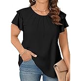 Beautife Womens Plus Size Flutter Sleeve Blouse Summer Crew Neck Pleated Tshirts Dressy Casual Loose Fit Tunic Tops