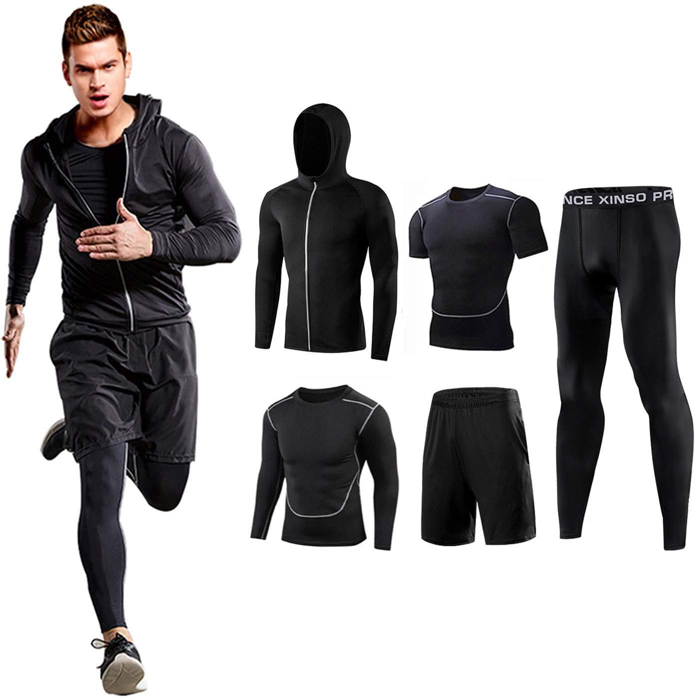 Foveitaa Men’s Compression Clothing 5-Piece Set, Training Wear, Breathable, Odor Resistant, Sportswear, Hoodie, Long Sleeve Shirt, Short Sleeve Shirt, Shorts, Tights, Sweat-Absorbent, Quick-Drying