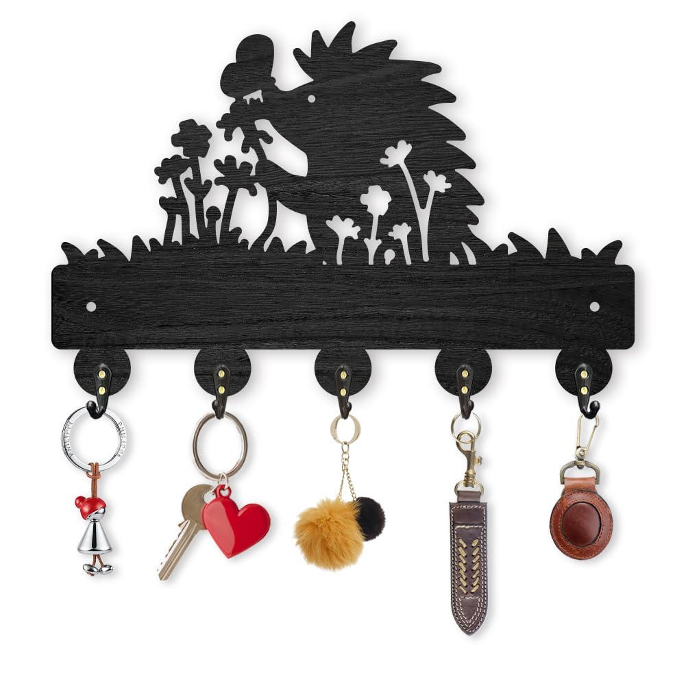 INFUNLY Entryway Key Hooks Wooden Key Hanger with Hedgehog and Butterfly Pattern Decorative Wall Shelf with 5 Hooks Wall Mounted Key Holder for Bags, Umbrella, Sunglasses, Wallet Easy Installation