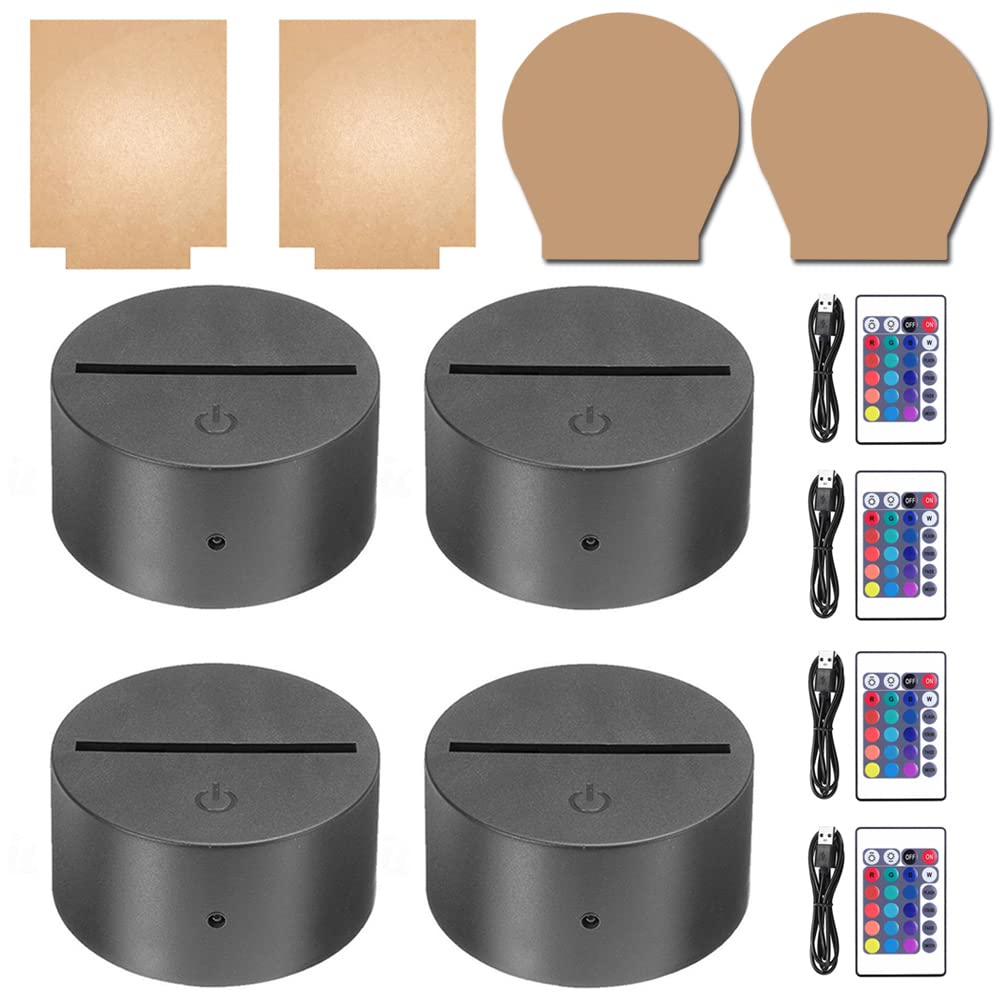 HYNNIO 4 Sets 3D Night LED Light Lamp Base, Large Size LED Base for Acrylic16 Colors LED Light Base with Remote Control and USB Cable for Bedroom Child Room Restaurant Shop (4-Set Square+Round Black)