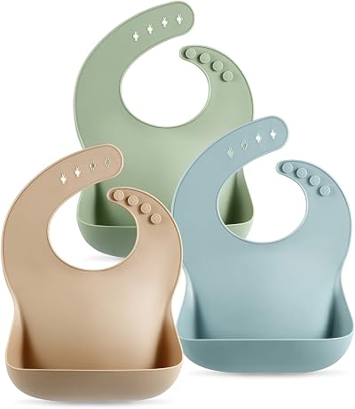 PandaEar 3 Pack Thick Silicone Baby Bibs Waterproof Adjustable Wide Pocket