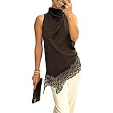 Women's Mock Neck Satin Lace Trim Tops Sleeveless Side Split Asymmetric Hem Tank Tops Y2k Elegant Going Out Tops