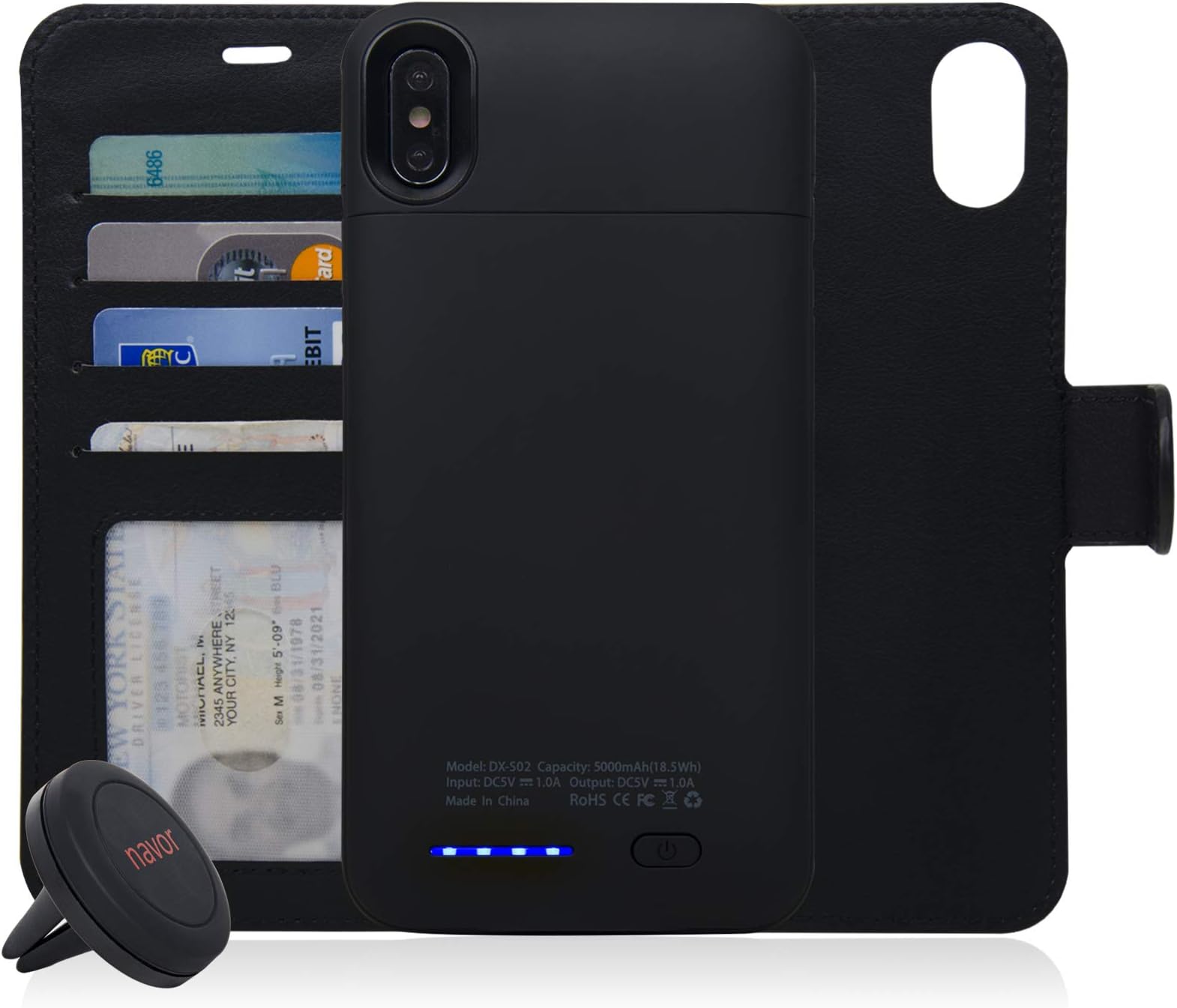 navor Universal Car Mount & RFID Folio Wallet Magnetic Detachable Power Battery Case Compatible for iPhone Xs MAX - Black