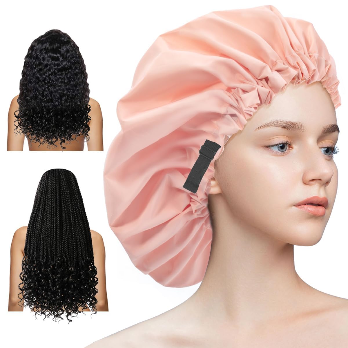 Aquior Extra Adjustable Double-Layer Waterproof Reusable Shower Cap, Large for All Hair, Girls Spa Bath, Soft for Women Long Hair (Champagne)