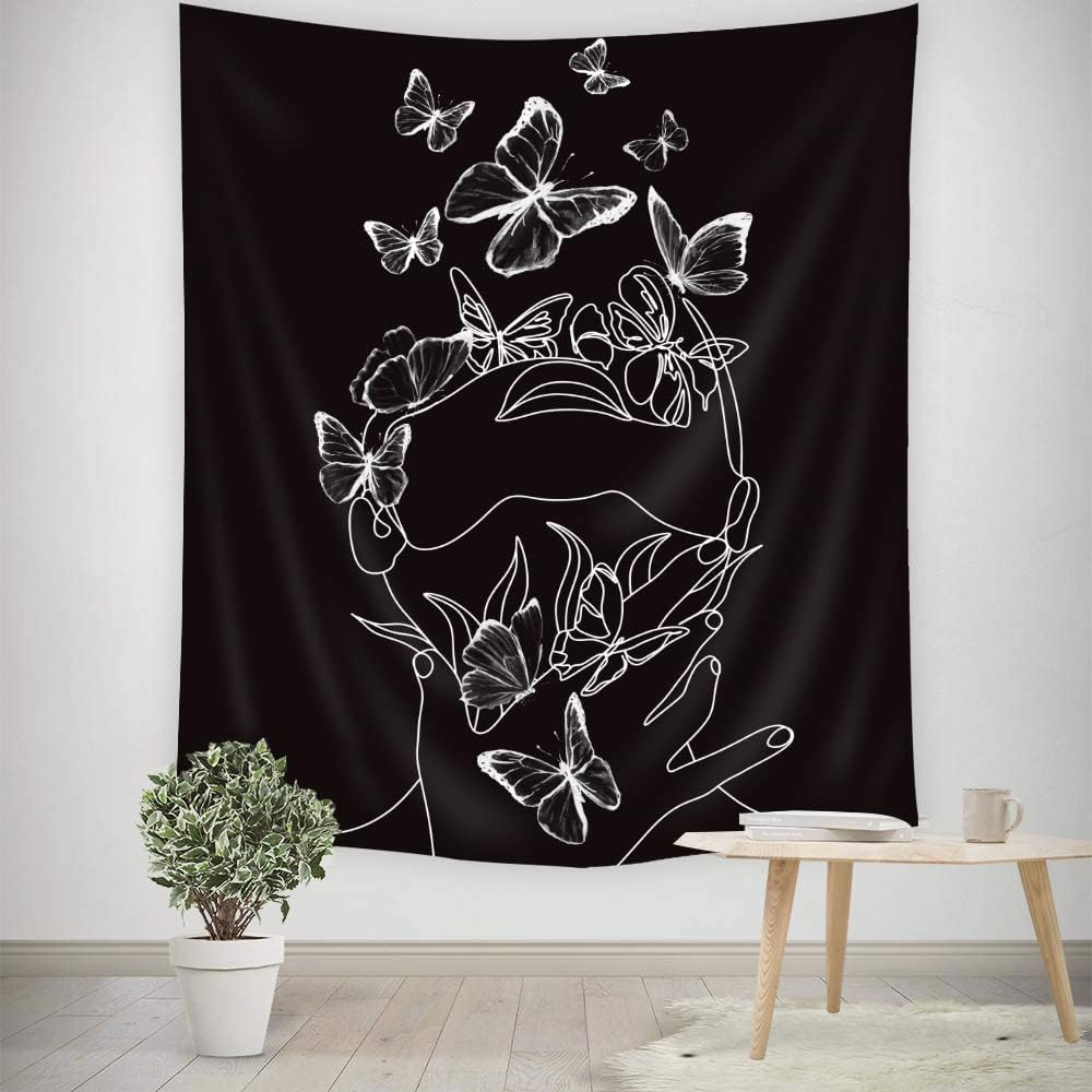 Tapestries - SVBright Black White Tapestry for Bedroom Aesthetic Butterfly Minimalist Abstract Modern Room Decor Art Line Woman with Flower Simple Women Poster Wall Hanging Living Room Dorm Decor 51Wx59H Inch