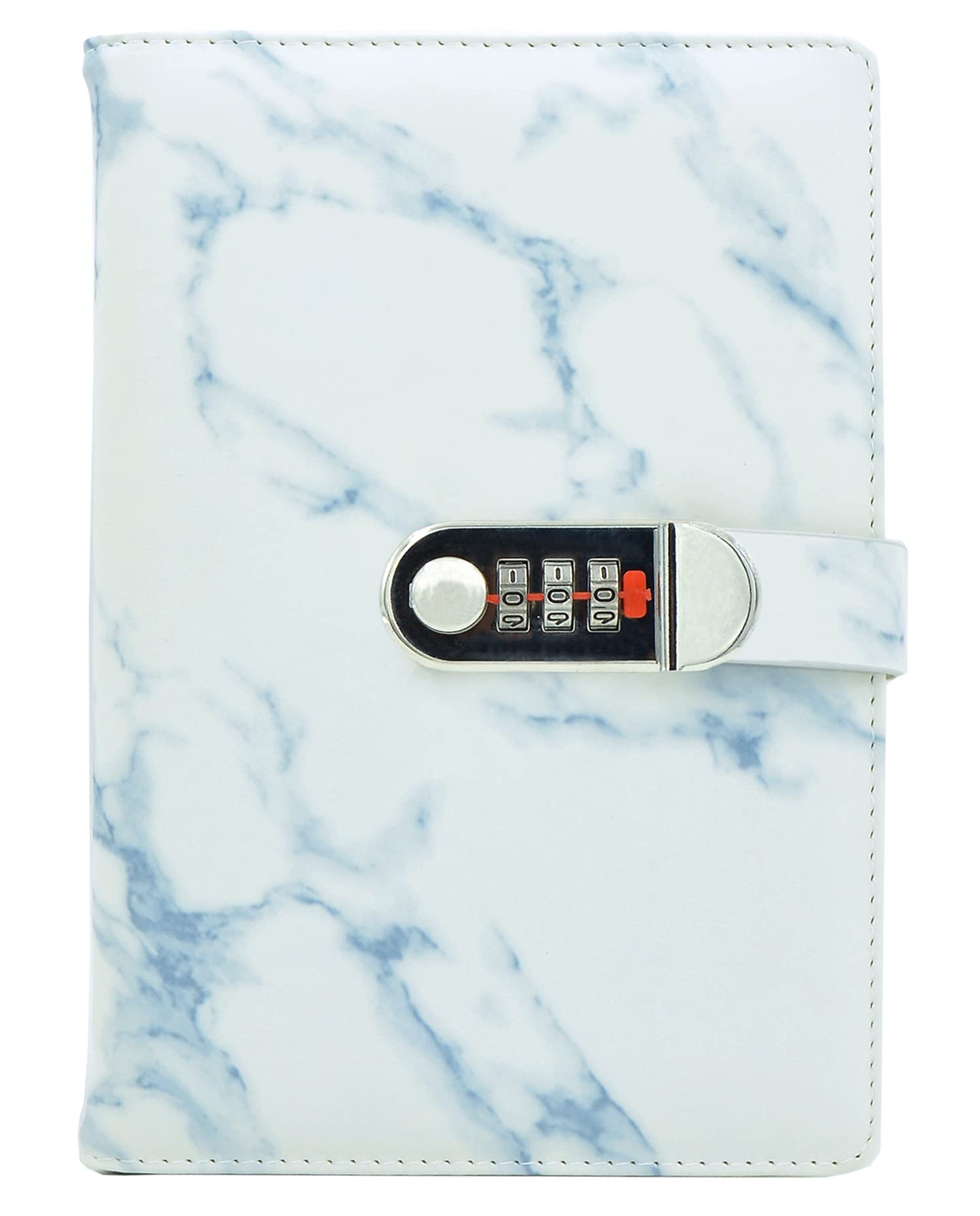 NectaRoy PU Leather Cover Writing Notebook, Lockable Diary Lock Journal, Marble Pattern Wire Binding Lined Daily Travel Journal with Lock, Password Notepad with Pen Holder, Size 218x150mm