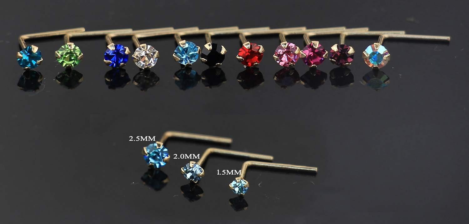 9K Yellow Gold Nose Stud Claw Set 2.5MM Aquamarine Round Crystal Stone 22 Gauge L Bend Nose Stud Piercing Jewellery - Image 3