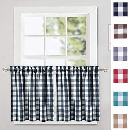Caromio Cafe Curtains 24 Inch Navy Blue Buffalo Plaid Gingham