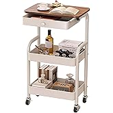 3-Tier Rolling Utility Cart with Drawers,Walnut Table Top/Lockable Wheel | 360&deg; Swivel Wheels &amp; 2 Lockable Casters, Lightweight Mobile Organizer Trolley for Kitchen Living Room Bathroom Craft Room