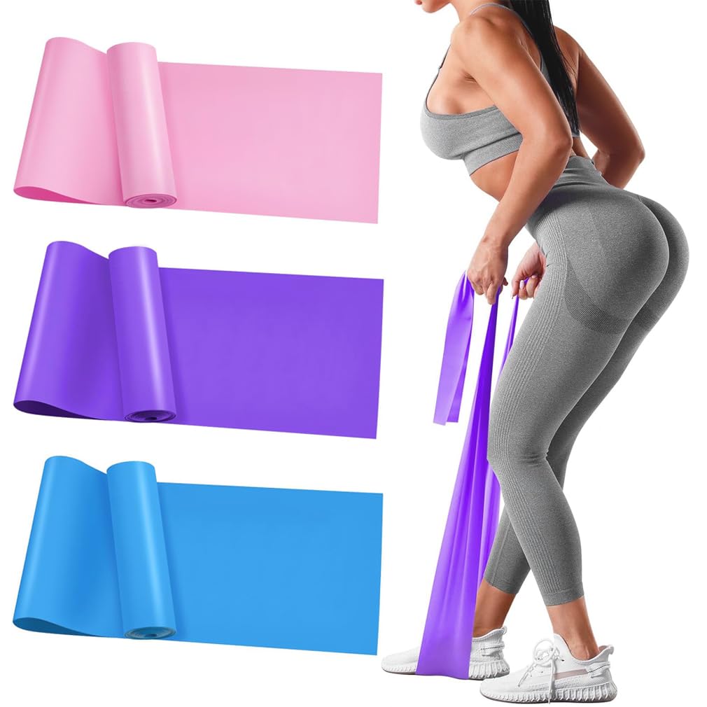3Pcs Resistance Bands Set - Fitness Exercise Bands, Elastic Bands, Pilates Bands with 3 Resistance Levels, Long Stretch Bands for Yoga, Pilates, Stretching, Strength Training (Pink, Purple, Blue)
