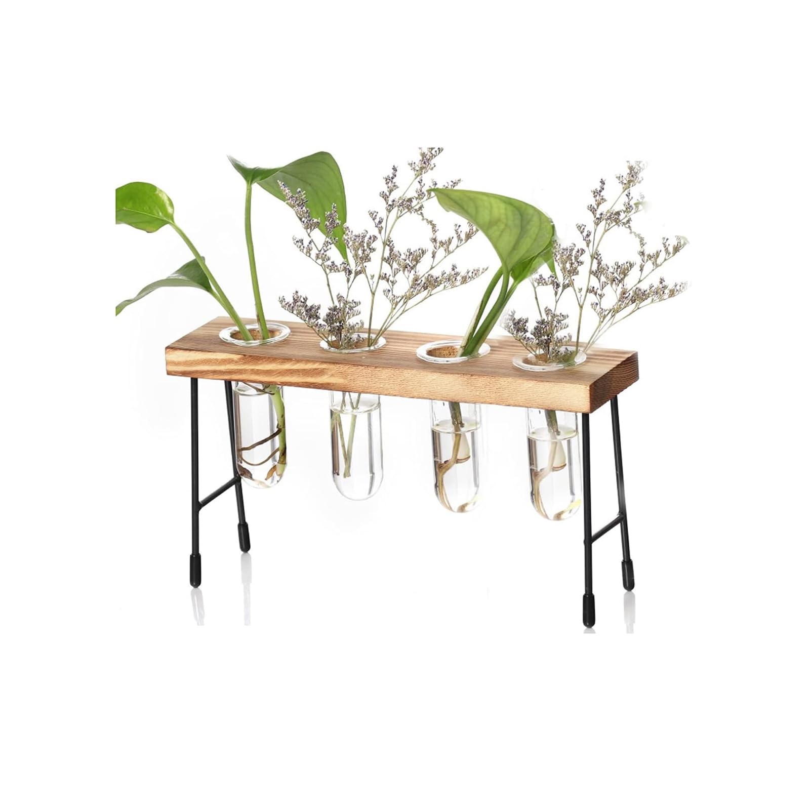 Innjoii Desktop Plant Planter Propagation Station Glass Flower Pot Small Bench with Retro Solid Wood 4 Test Tube Vase Metal Holder for Hydroponics Wedding Indoors Home Office Garden Decor Cafe Desk