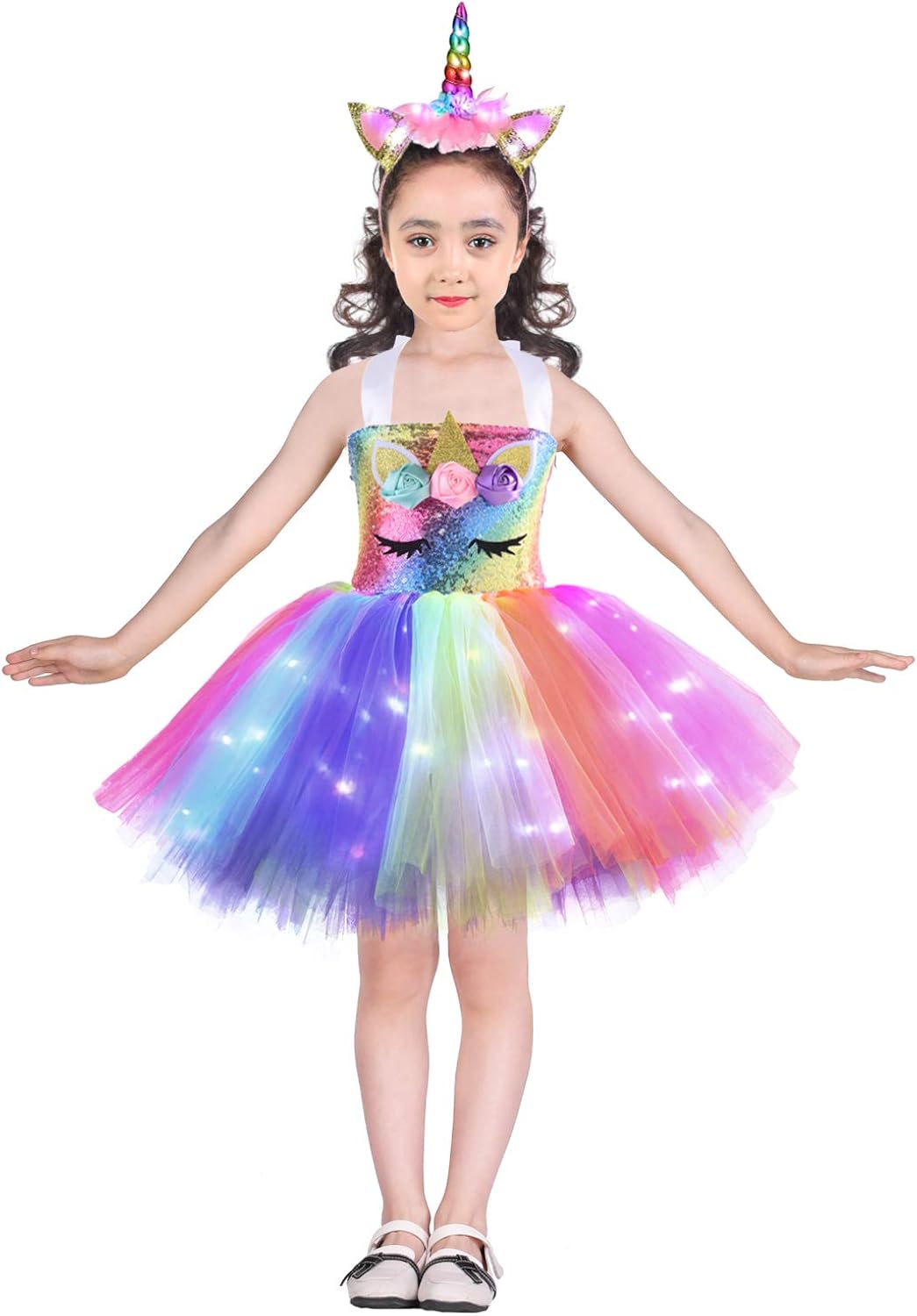 Unicorn Princess Birthday Little Girl Tutu Dress Sequin Lighted Toddler Kids Costume Outfit Party Halloween Headband: Clothing
