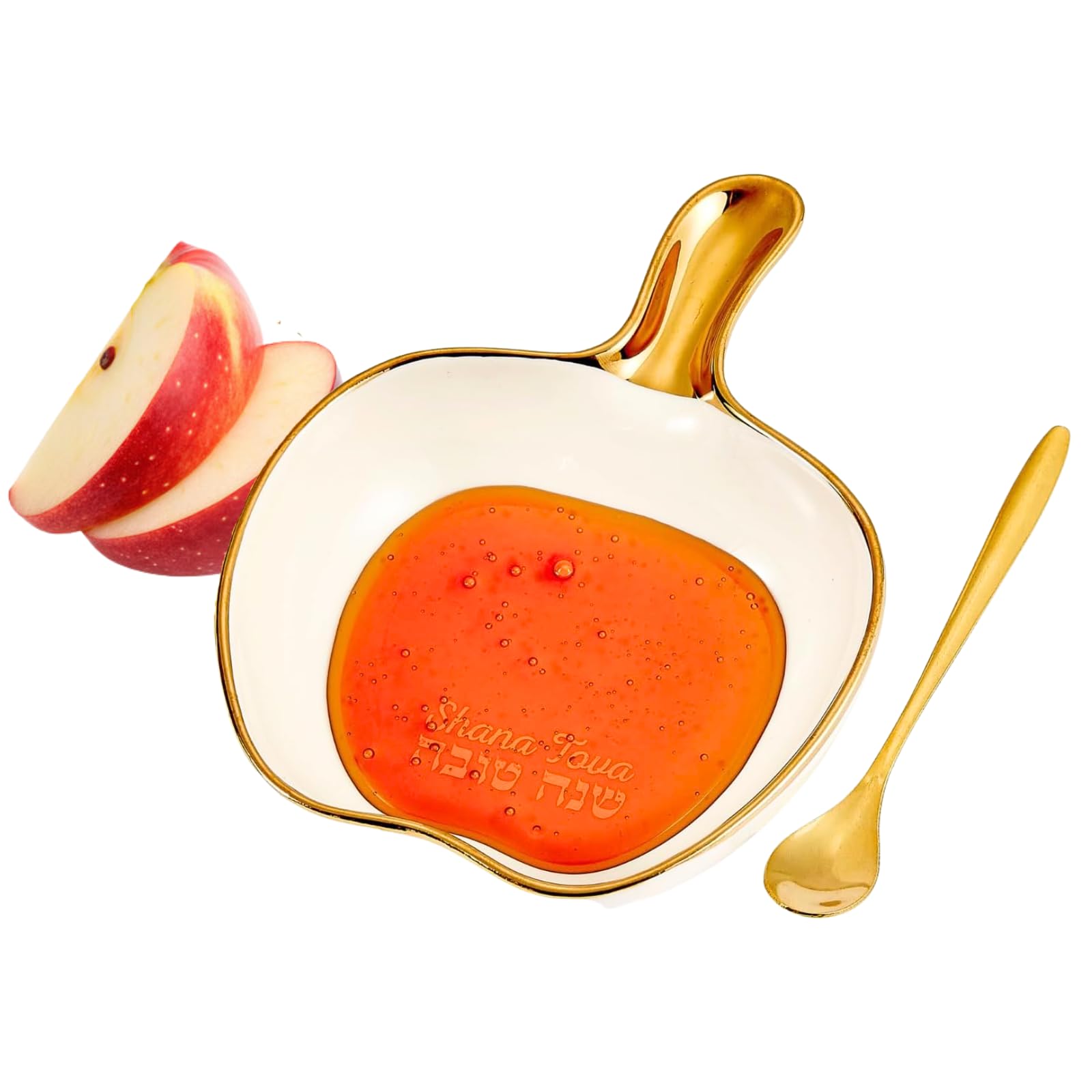 Photo 1 of Rosh Hashanah Apple Shaped Honey Dish Set Gold - Jewish New Year Hostess Party Favors Cooking Serving Kitchen Accessories Holiday Presents Shana Tova Decor Table Decorations Includes Matching Spoon!
