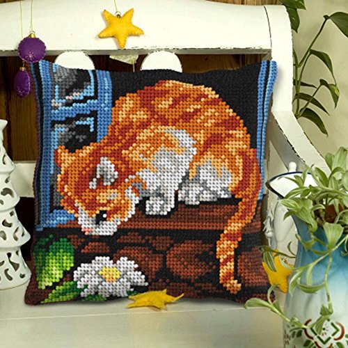 Orchidea Red Cat Pillow Needlepoint Kit