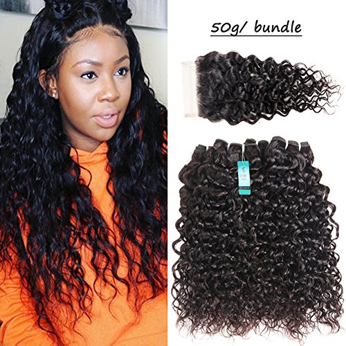 UDU 8A Grade Malaysian Water Wave 4 Bundles with Closure 50g/Bundle Virgin Curly Weave Human Hair 4 Bundles With 4x4 Lace Closure Free Part Remy Curly Weave Human Hair Weft Wet n Wavy