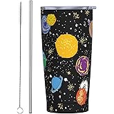 YIKISSKID Space 20oz Tumbler with Lid and Straw for Women Men, Solar System Planets Stars Insulated Mug Hand Drawn Galaxy Space Stainless Steel Tumbler Double Wall Vacuum Travel Mug Coffee Cup