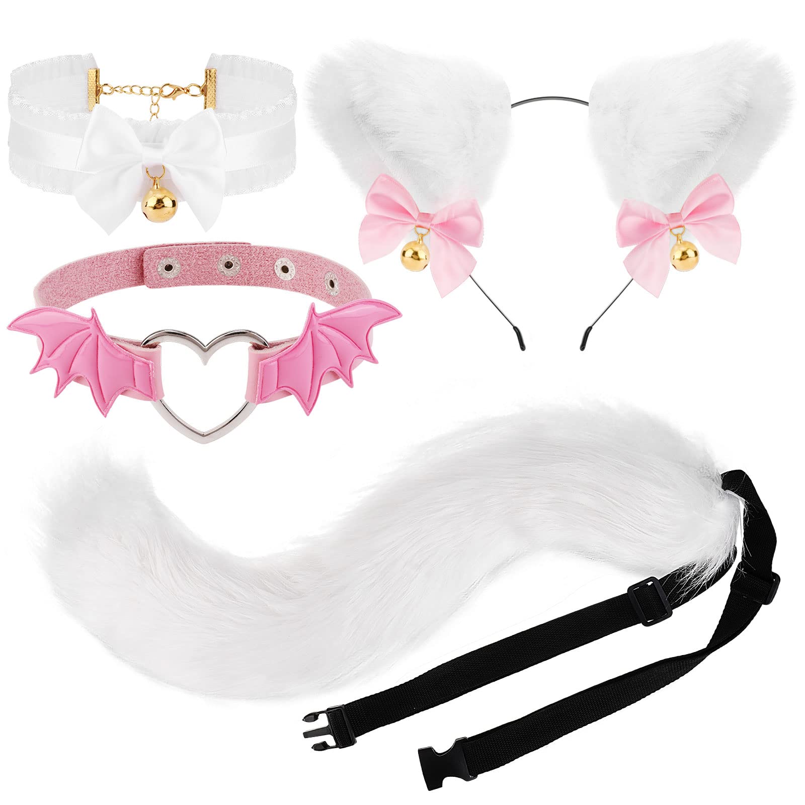 XEPST Cat Cosplay Costume Set Cat Ears and Animal Tail Kit, Faux Fur Furry Fox Wolf Tail Kit with Ears and Bells Collar for Anime Fancy Dress Party Role Play - White