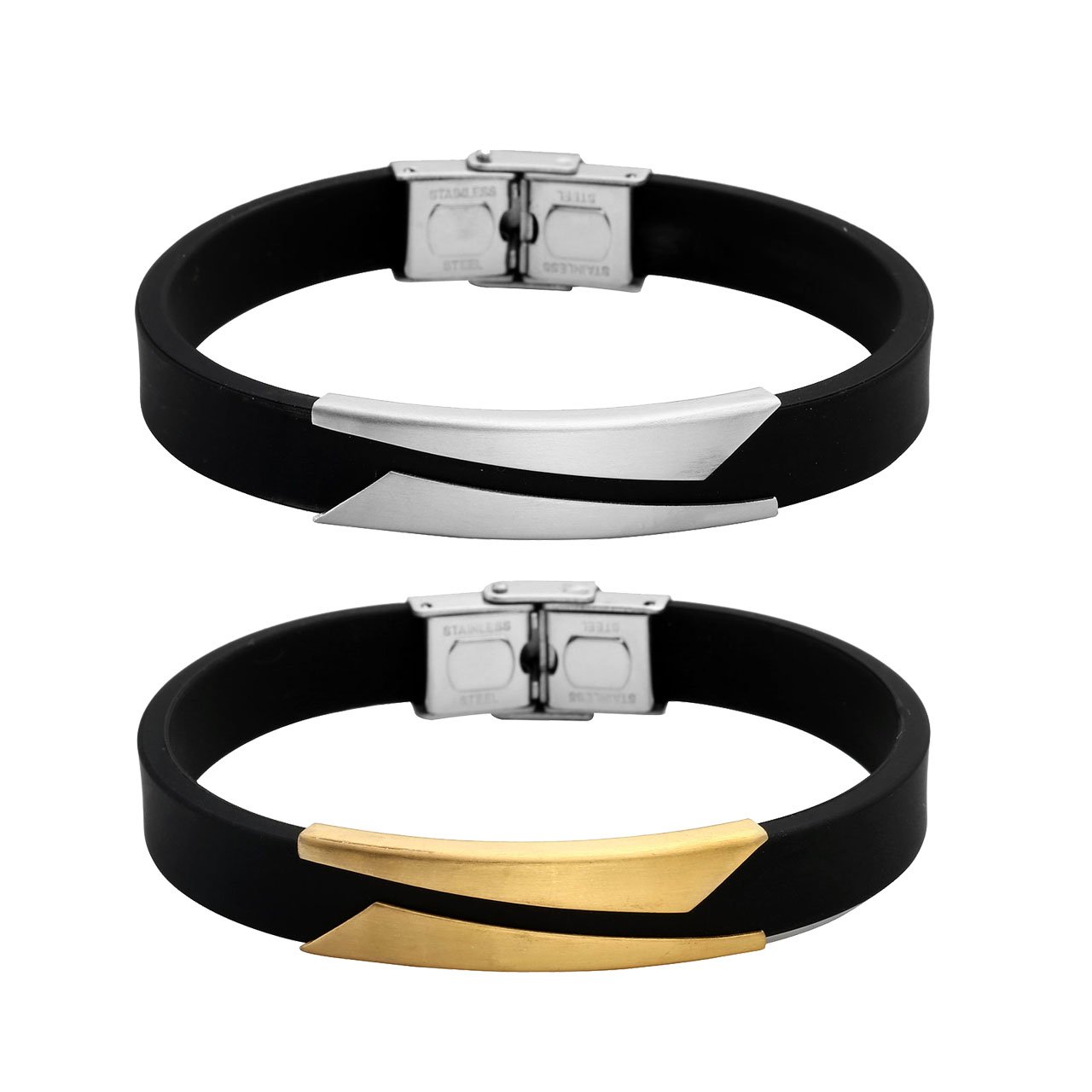 PiercingJ Paare Armband Set 2x Edelstahl Gummi Kautschuk Geometrie Armband Armreifen Manschette für Herren Damen Punk Biker mit 1x Geschenk-box, silber/gold/schwarz