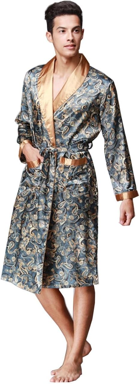 Pakamo Men's Spring and autumn Long sleeves Nightgown male Bathrobe Silk Pajamas Men Sleepwear Robes Homewear, L
