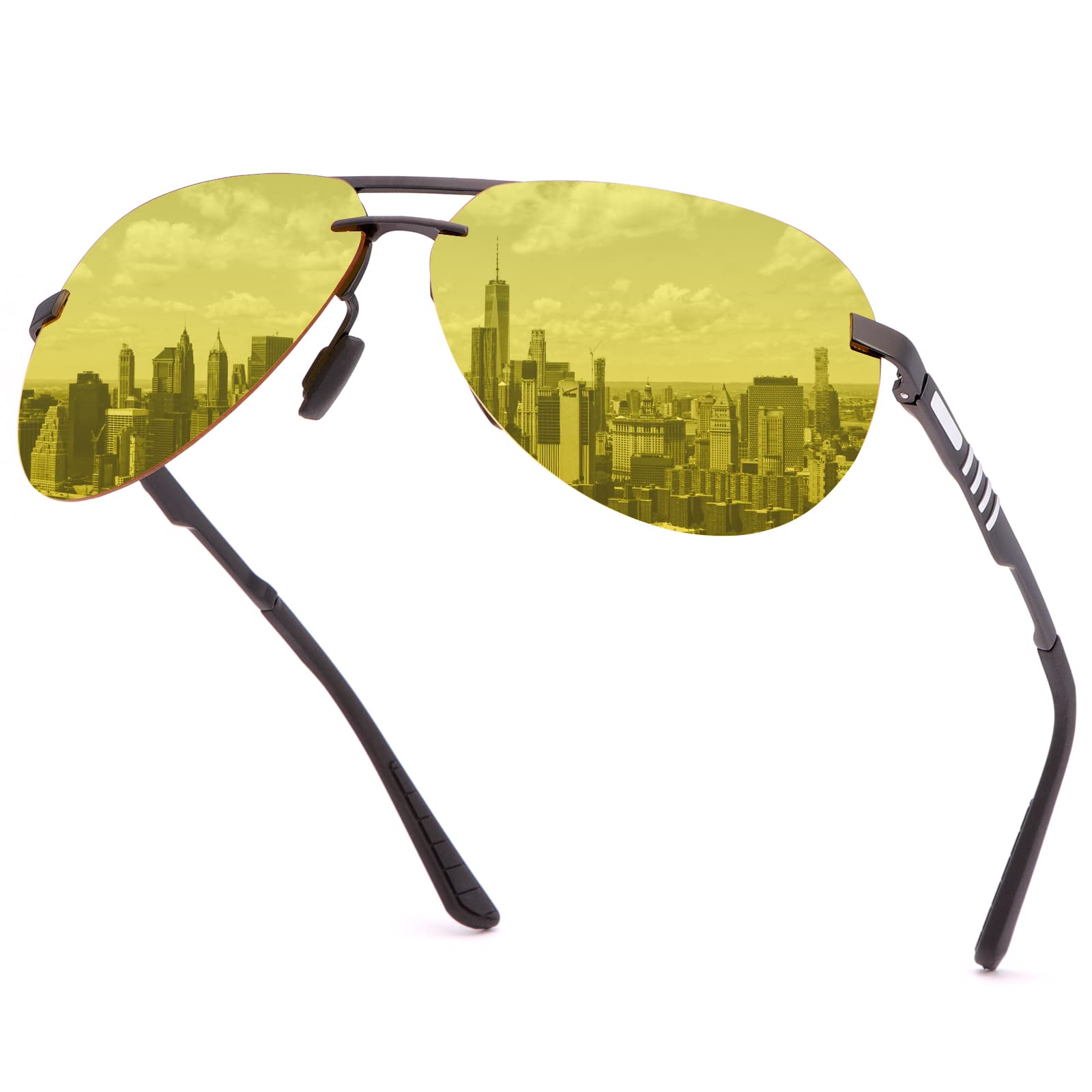 Night-Vision Glasses for Men Women Clear Sight Night Time Spring Hinge Safe Driving Glasses Anti-Glare Polarized Yellow Lens Al-Mg Metal Frame Eyewear UV400 Protection Sunglasses Classic Eyeglasses