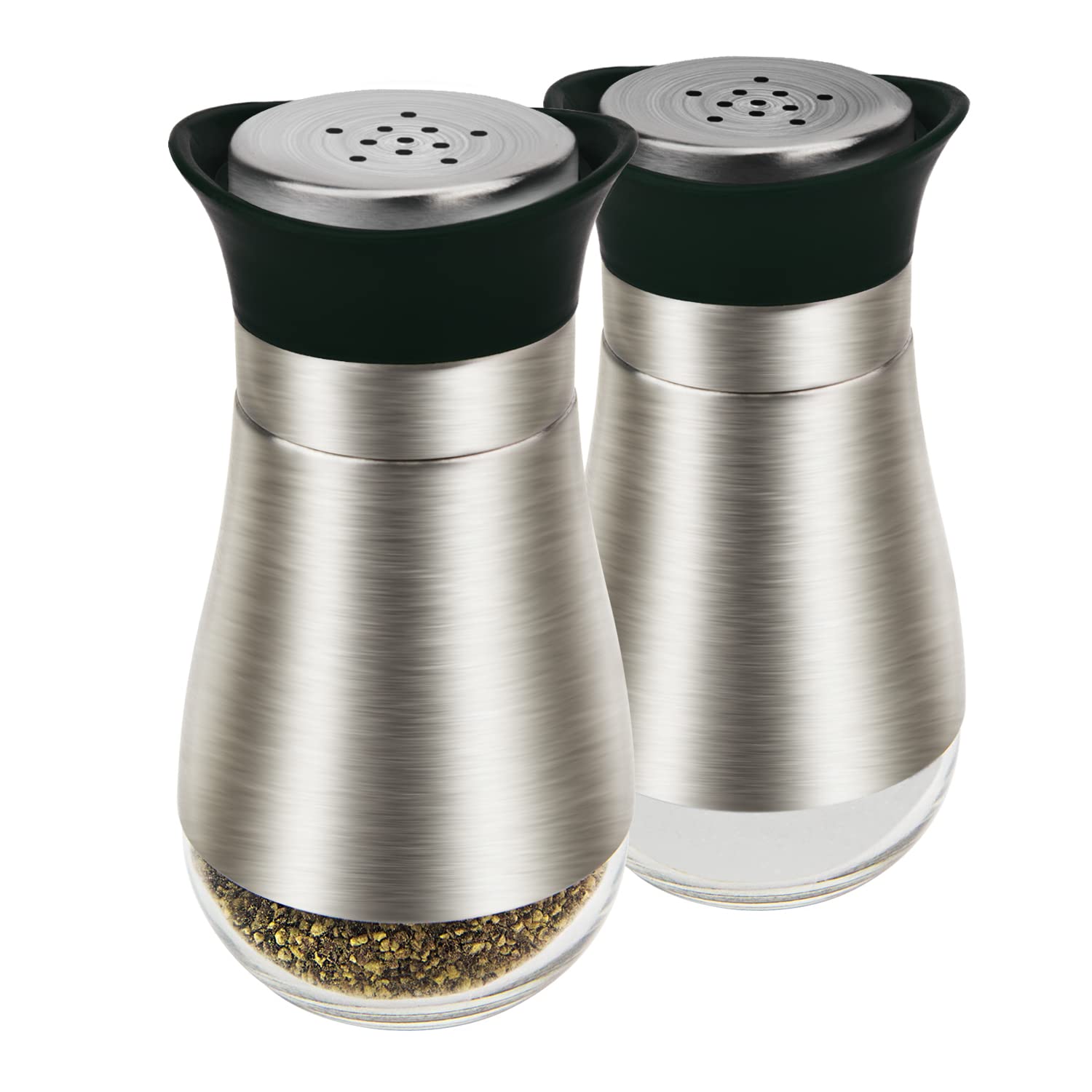 Evelyne Salt Pepper Seasoning Glass Shaker with Stainless Steel Cover 2 pcs Pack Set (Black)