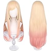 CICIBOLAYEZ 28inches/70cm Blonde Ombre Pink wig with Bangs for Women Long Straight Pink Wigs for Anime Synthetic Hair for Halloween Costume Party Cosplay with Wig Cap